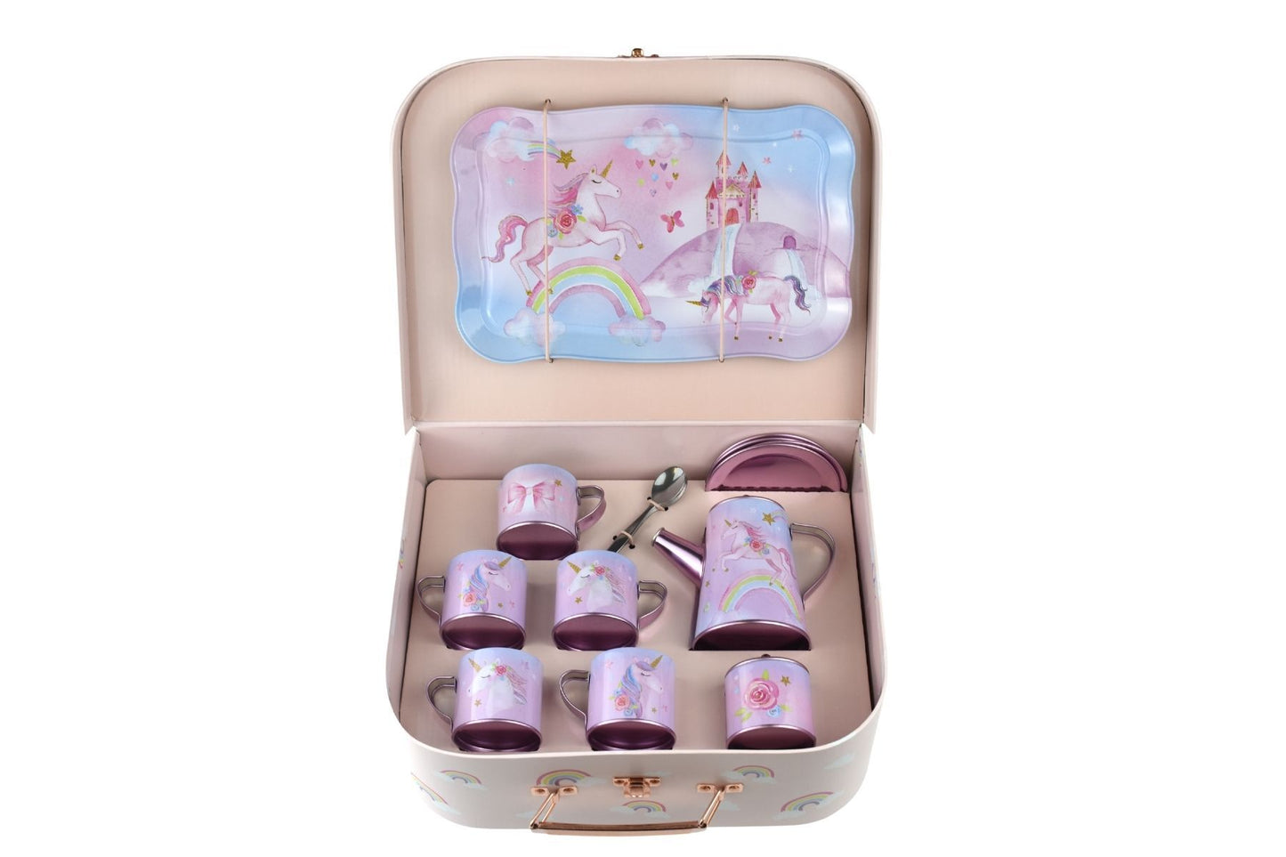 RAINBOW UNICORN TIN TEA MUG SET IN SUITCASE 18PCS