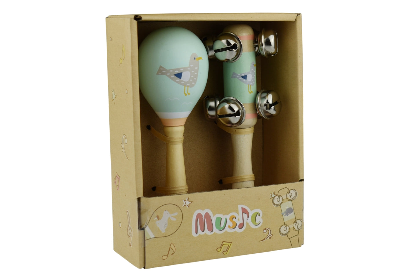 CALM & BREEZY SEAGULL WOODEN MARACA & BELL STICK 2PC MUSIC SET