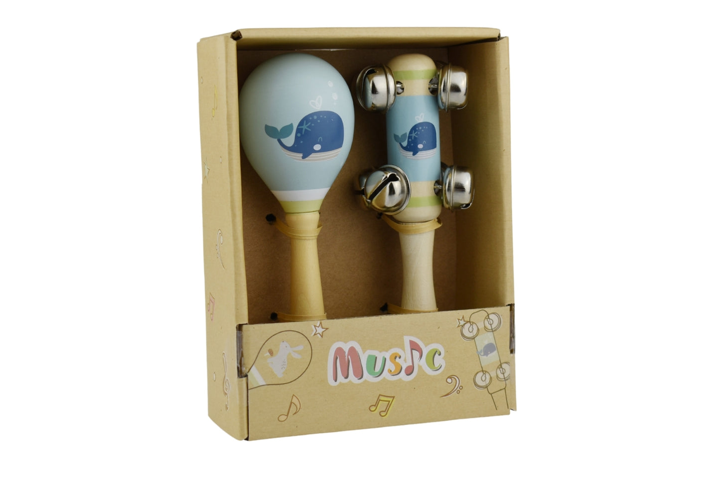 CALM & BREEZY WHALE WOODEN MARACA & BELL STICK 2PC MUSIC SET