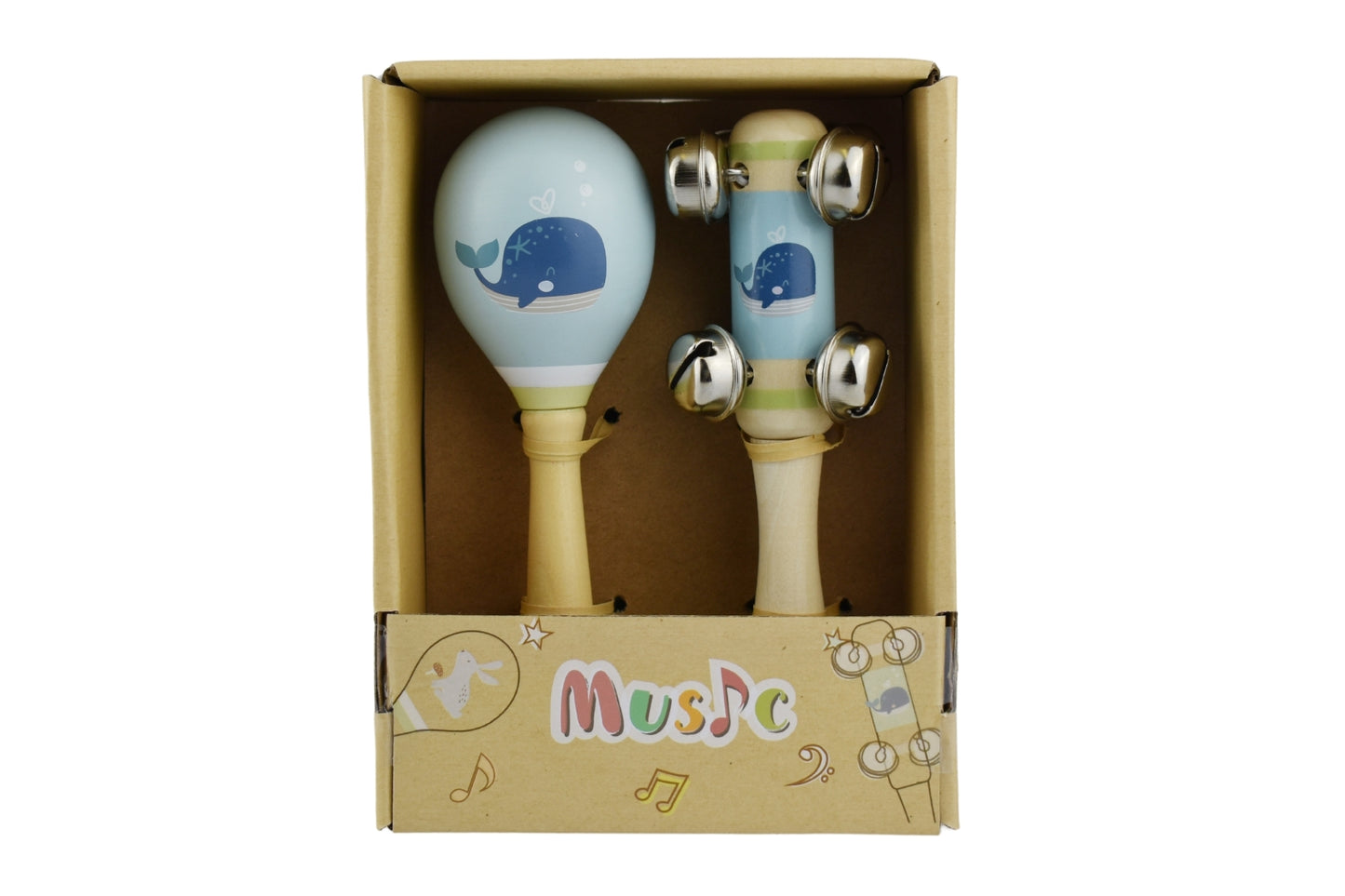 CALM & BREEZY WHALE WOODEN MARACA & BELL STICK 2PC MUSIC SET