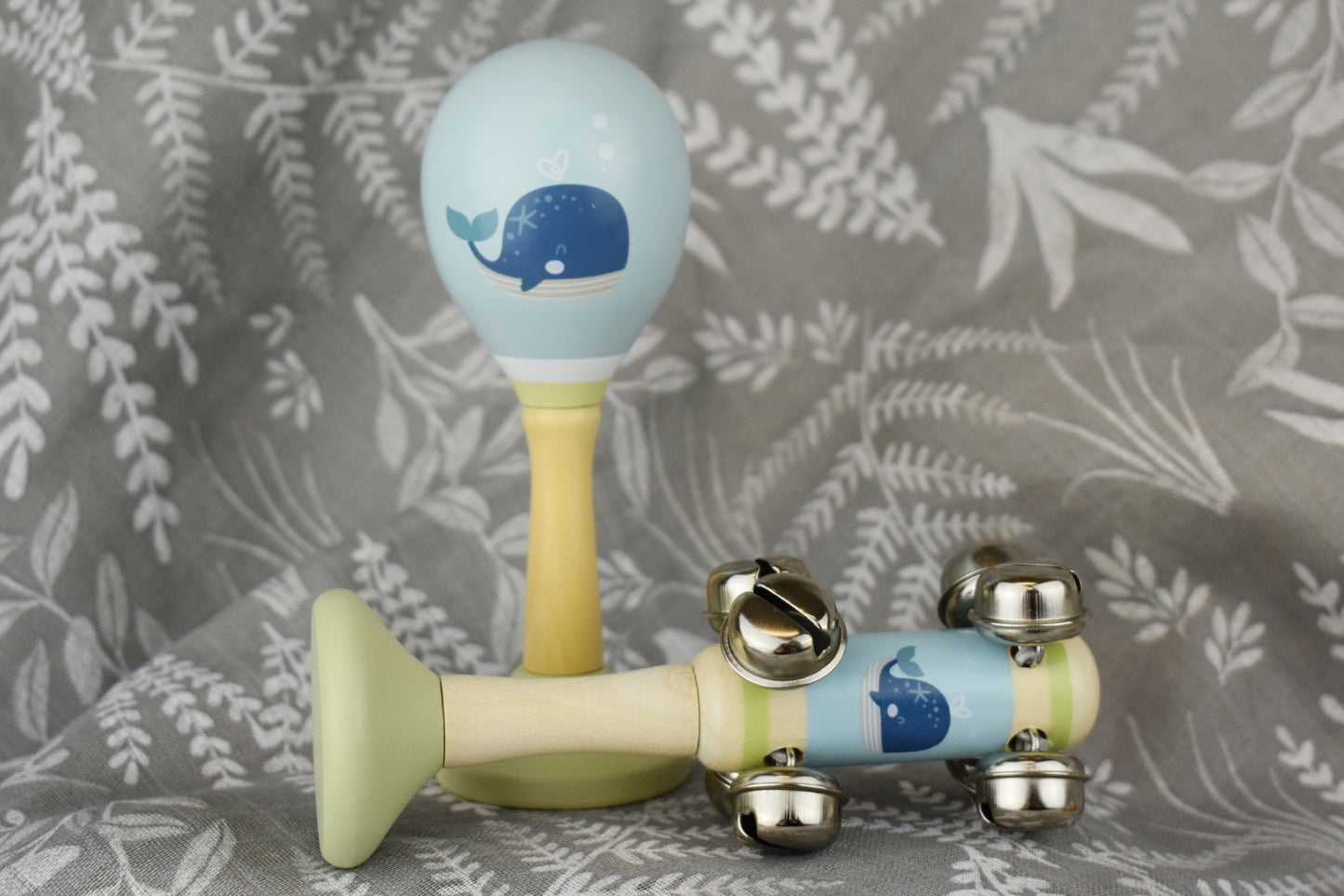 CALM & BREEZY WHALE WOODEN MARACA & BELL STICK 2PC MUSIC SET