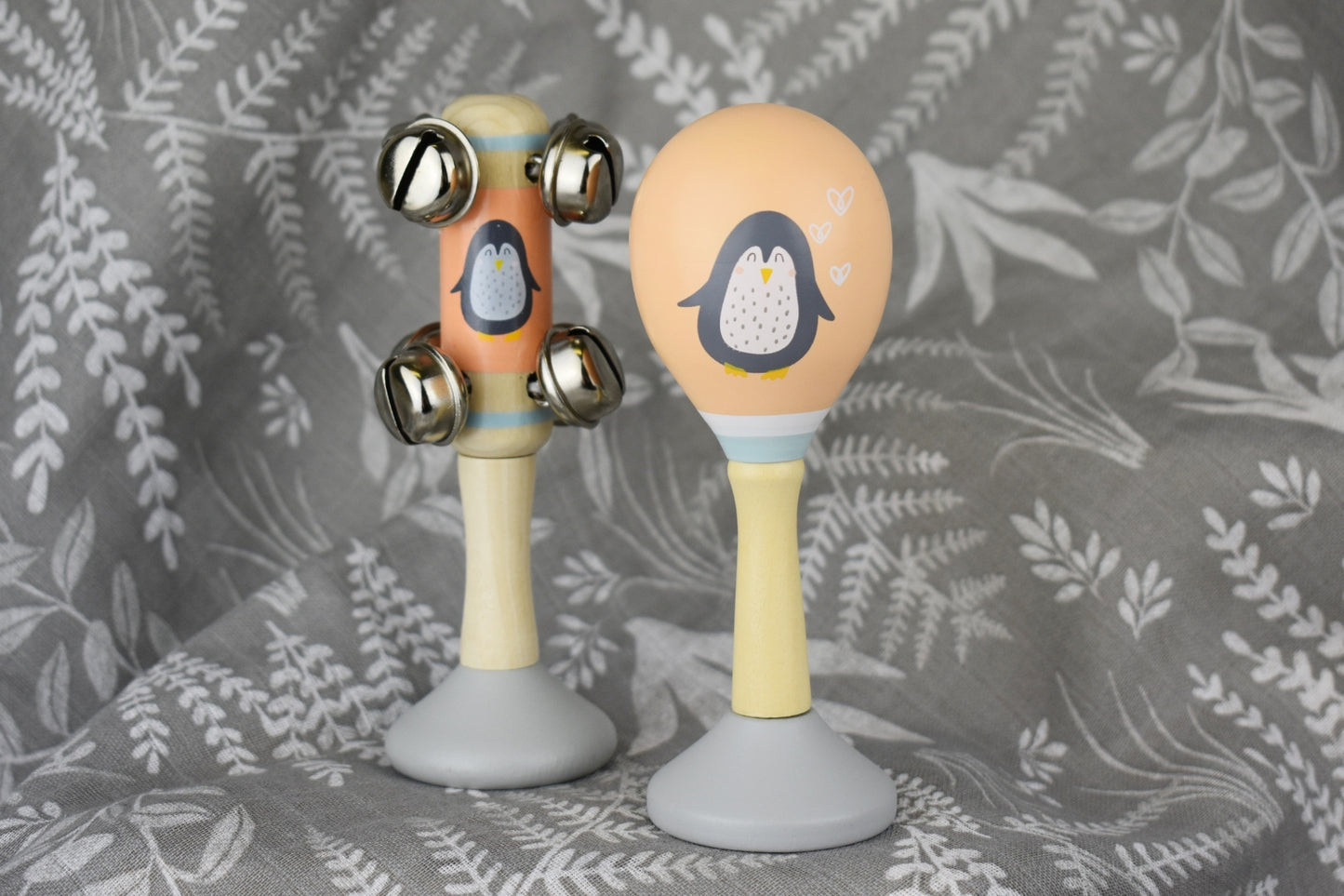 CALM & BREEZY PENGUIN WOODEN MARACA & BELL STICK 2PC MUSIC SET