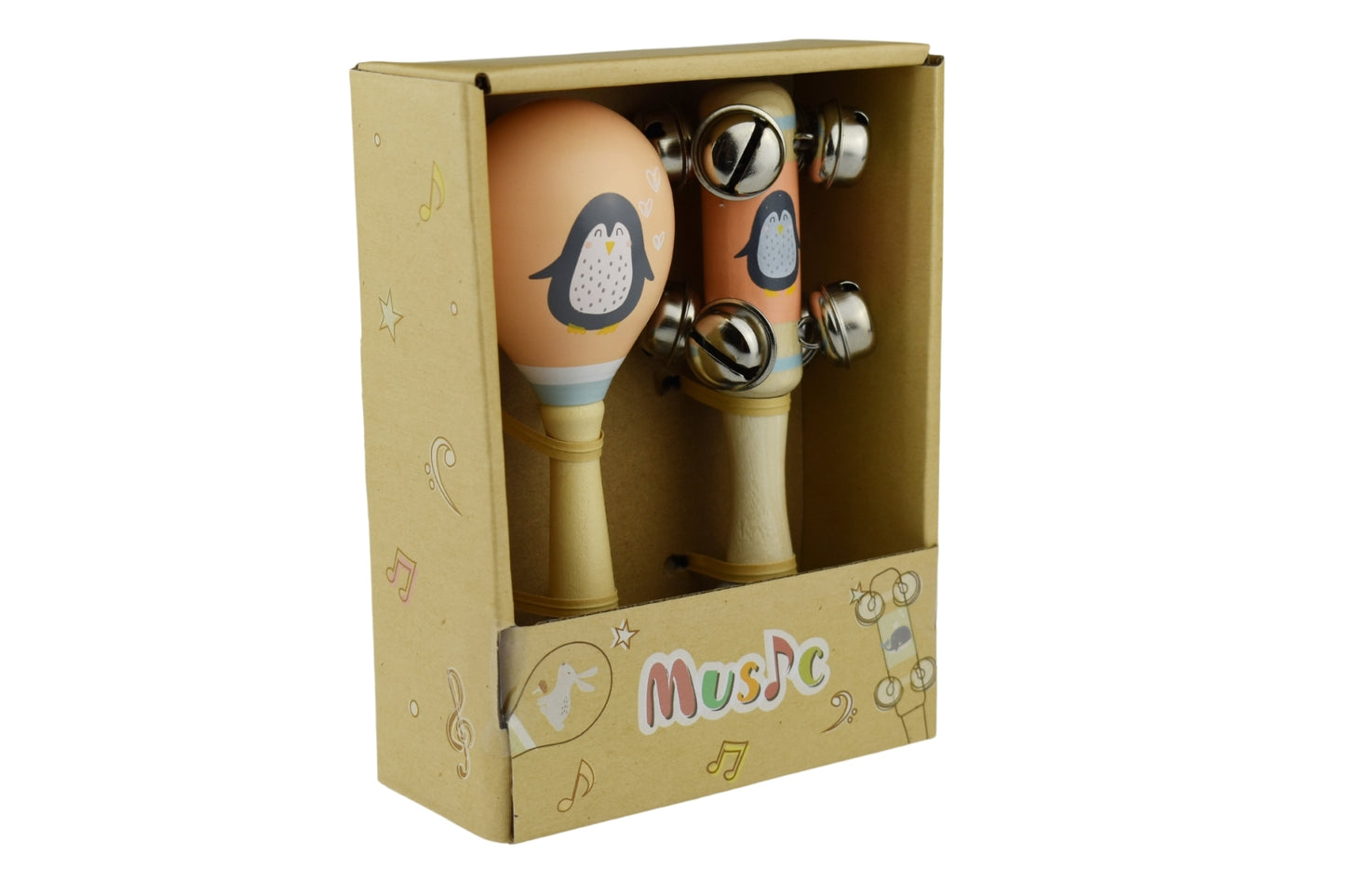 CALM & BREEZY PENGUIN WOODEN MARACA & BELL STICK 2PC MUSIC SET