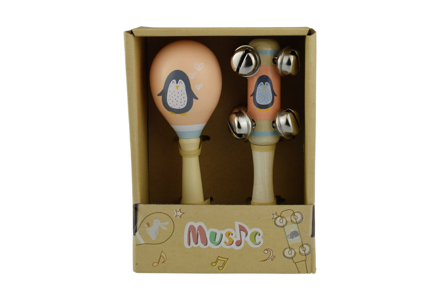 CALM & BREEZY PENGUIN WOODEN MARACA & BELL STICK 2PC MUSIC SET