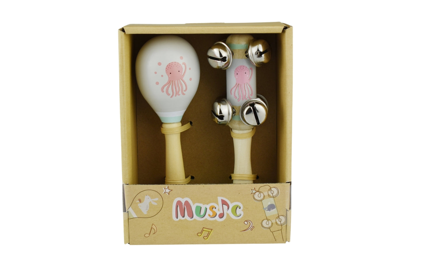 CALM & BREEZY OCTOPUS WOODEN MARACA & BELL STICK 2PC MUSIC SET