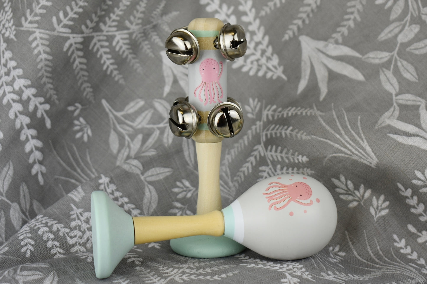 CALM & BREEZY OCTOPUS WOODEN MARACA & BELL STICK 2PC MUSIC SET