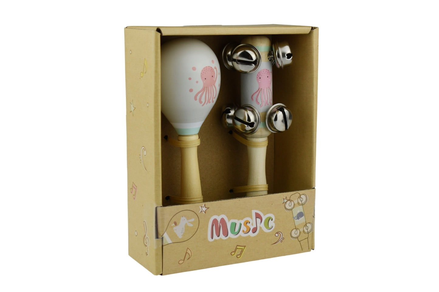 CALM & BREEZY OCTOPUS WOODEN MARACA & BELL STICK 2PC MUSIC SET