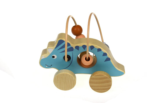 WOODEN DINOSAUR BEAD MAZE ON WHEEL BLUE