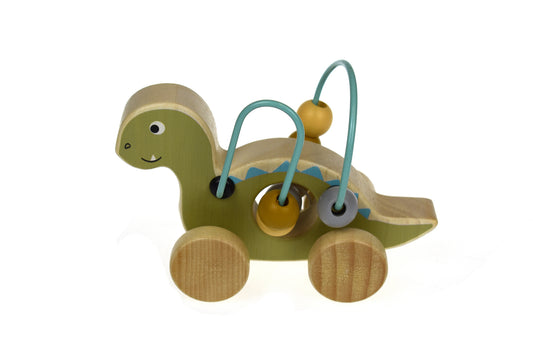 WOODEN DINOSAUR BEAD MAZE ON WHEEL GREEN