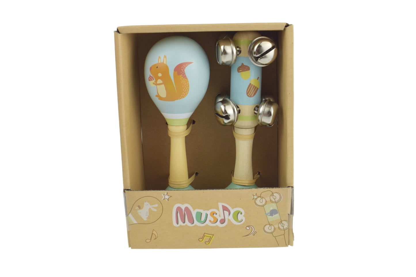 CALM & BREEZY SQUIRREL WOODEN MARACA & BELL STICK SET