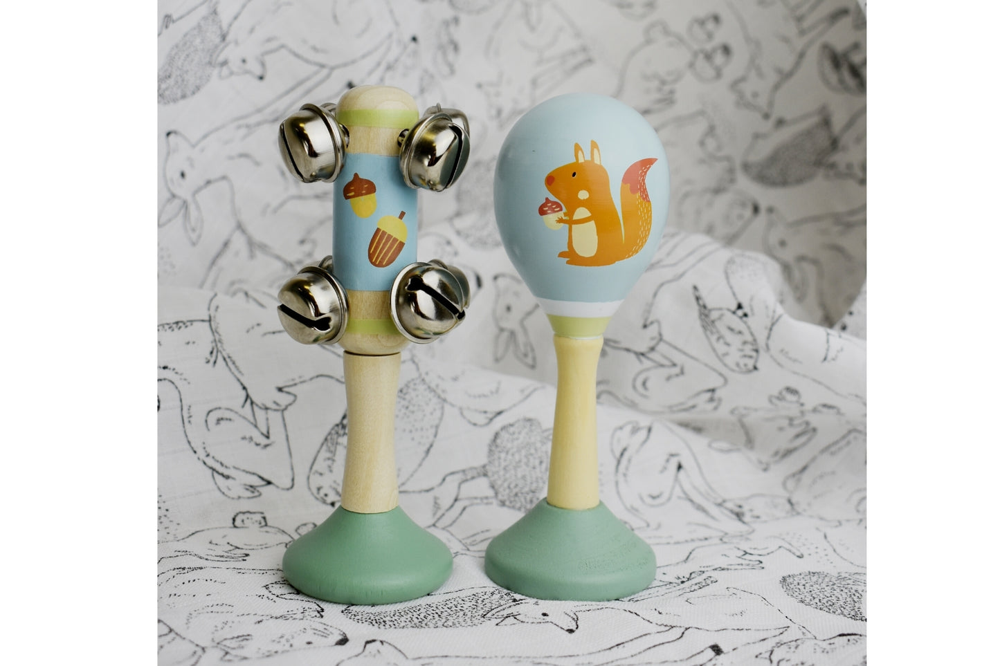 CALM & BREEZY SQUIRREL WOODEN MARACA & BELL STICK SET