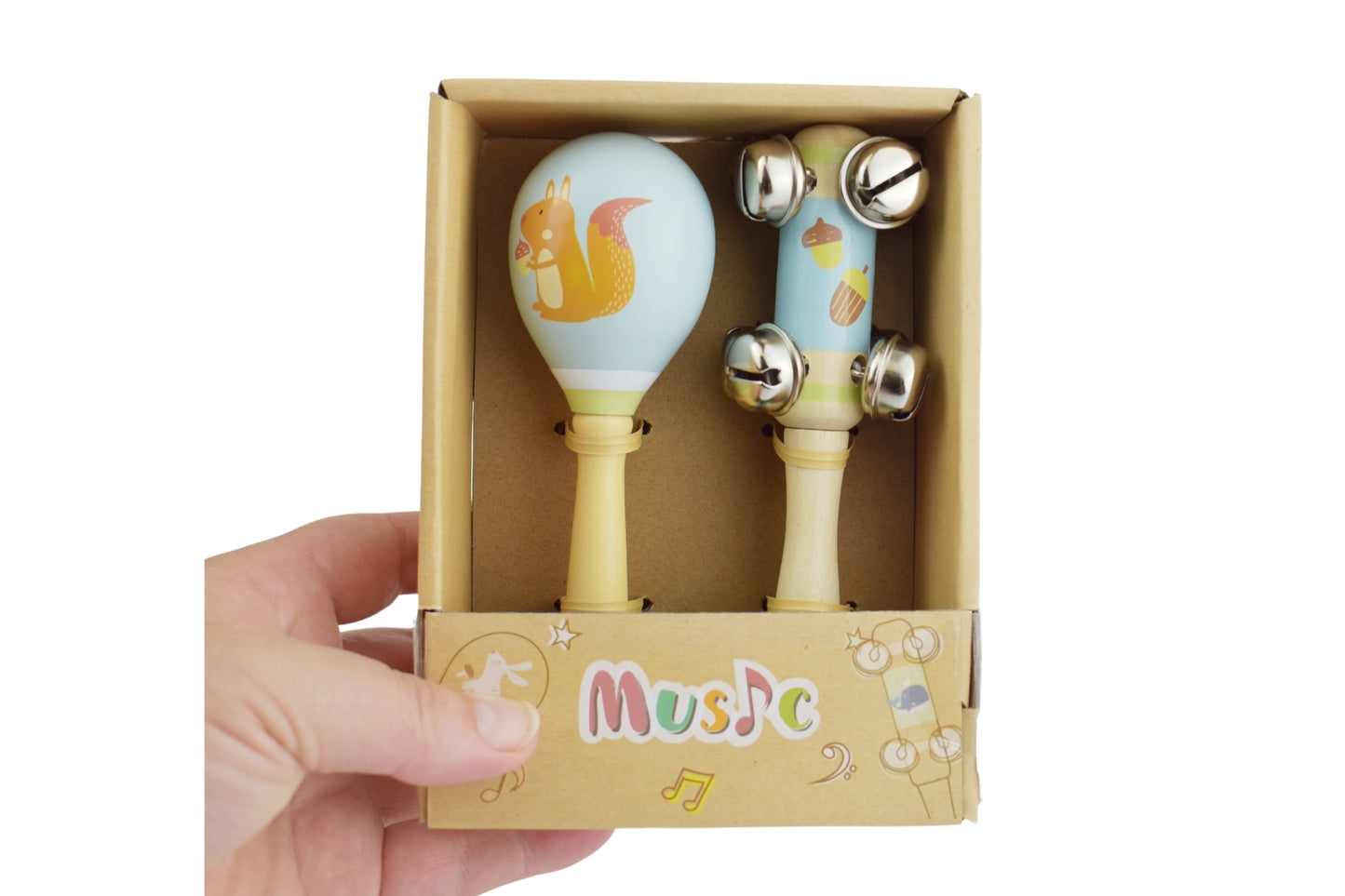 CALM & BREEZY SQUIRREL WOODEN MARACA & BELL STICK SET