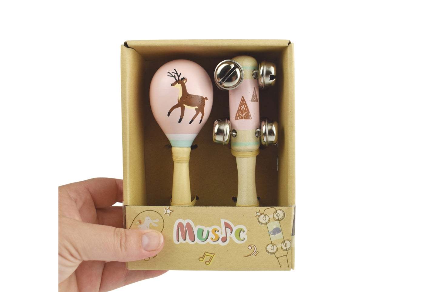 CALM & BREEZY DEER WOODEN MARACA & BELL STICK SET