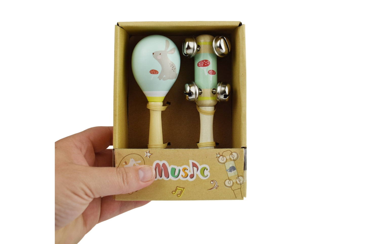 CALM & BREEZY RABBIT WOODEN MARACA & BELL STICK SET