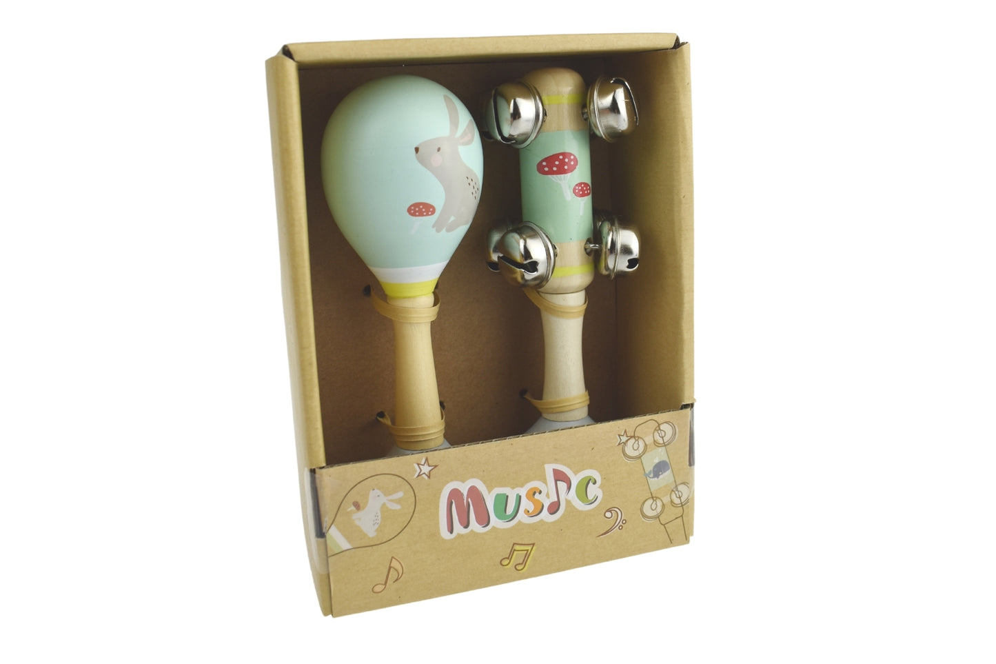 CALM & BREEZY RABBIT WOODEN MARACA & BELL STICK SET