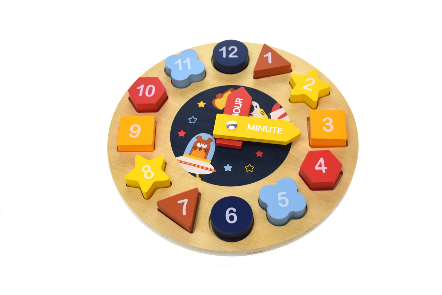 SPACE CLOCK WOODEN SHAPE SORTER AND PUZZLE