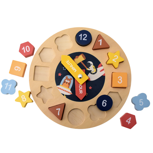 SPACE CLOCK WOODEN SHAPE SORTER AND PUZZLE