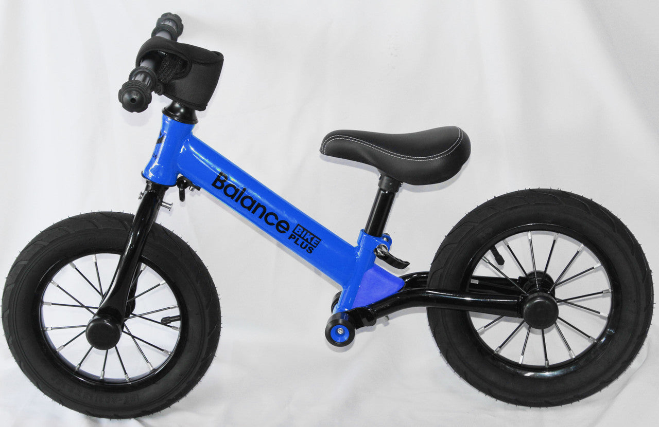 Bike Plus - Kids Balance Bike Training Aluminium - Blue with Suspension - 12 Rubber Tyres - Foot Pegs