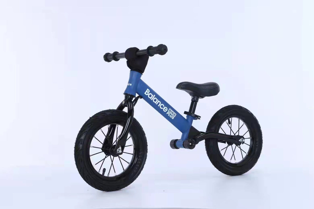 Bike Plus - Kids Balance Bike Training Aluminium - Blue with Suspension - 12 Rubber Tyres - Foot Pegs